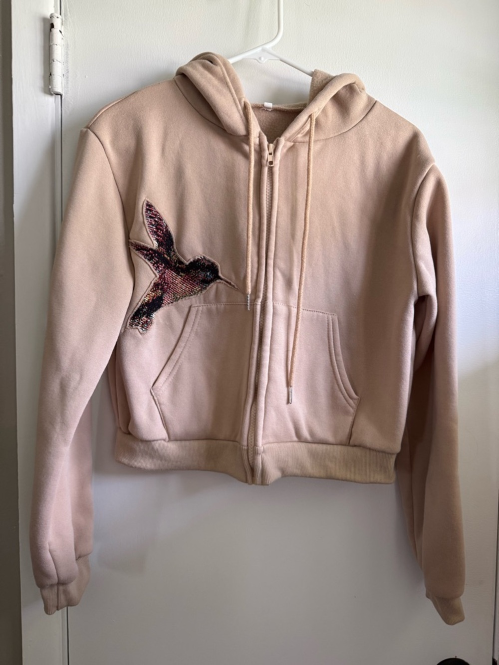Zip-Up Cropped Hoodie with Hand-Sewn Hummingbird/Flowers from Afghan, Size Small